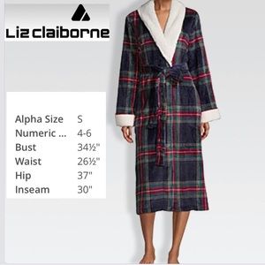 Liz Claiborne Plush Long Sleeve/Long Length Bath Robe - navy plaid